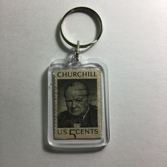 Churchill Keychain - Upcycled Recycled Postage Stamp Key Chain - Picture 2 of 9
